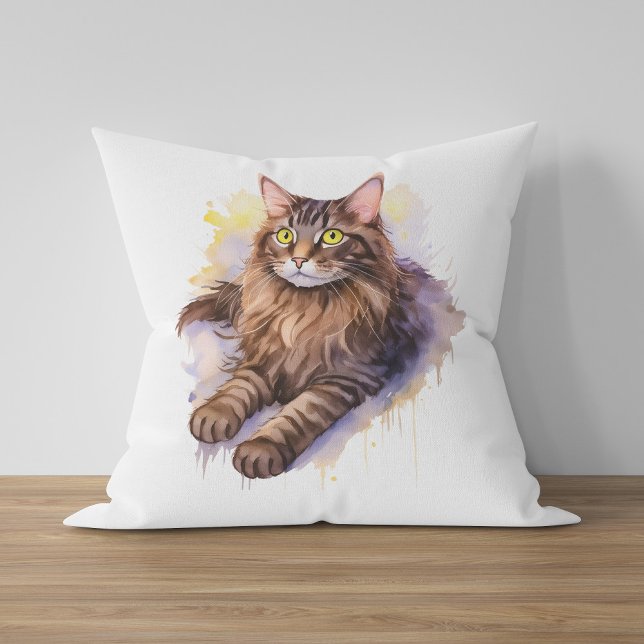 Coussin Illustration de l'aquarelle de chat Tabby long (Créateur téléchargé)