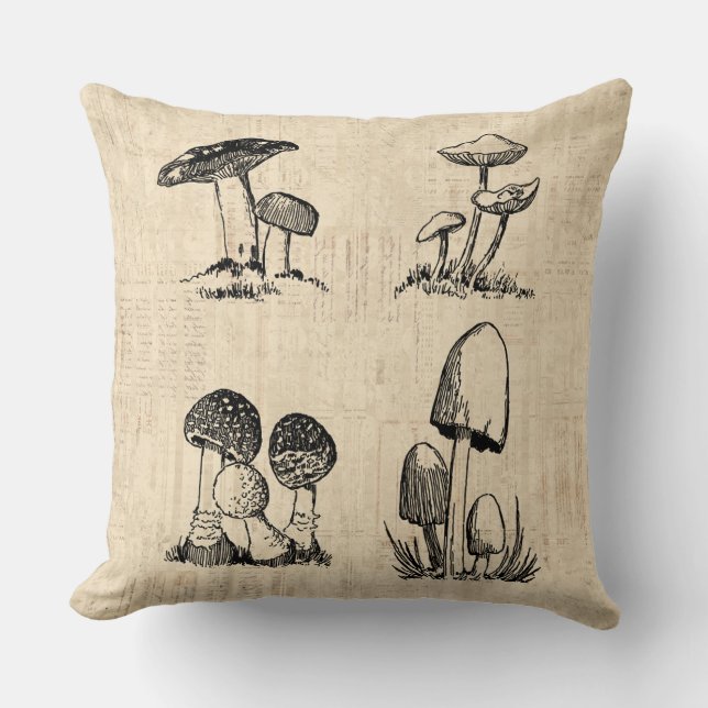 Coussin Illustration de l'art des champignons vintages (Recto)