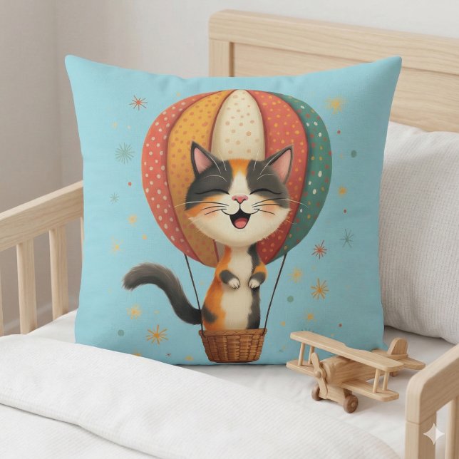 Coussin Illustration de l'aventure de Calico Cat (Joyful Calico Cat Sky Adventure Illustration Throw Pillow Mockup A)