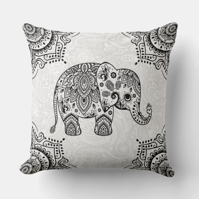Coussin Illustration de l'éléphant de Paisley noir (Recto)