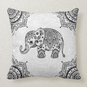 Coussin Illustration de l'éléphant de Paisley noir
