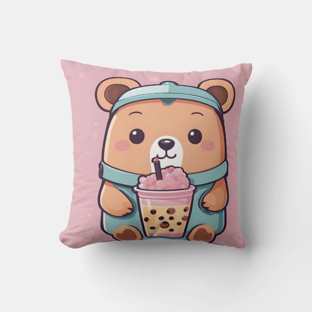 Coussin Illustration de l'ours à thé à bulle - style Kawai (Recto)