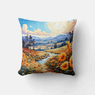 Coussin Illustration de paysage de prairie vibrant