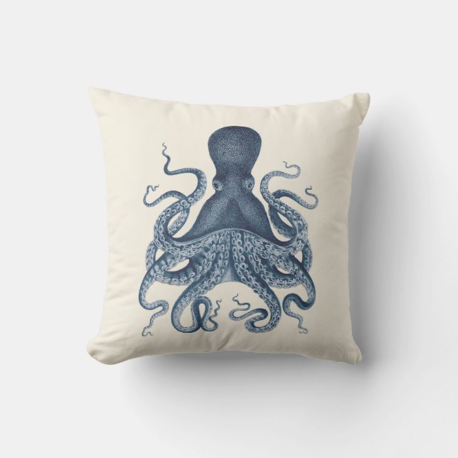 Coussin Illustration de poulpe de bleu marine sur la crème (Recto)