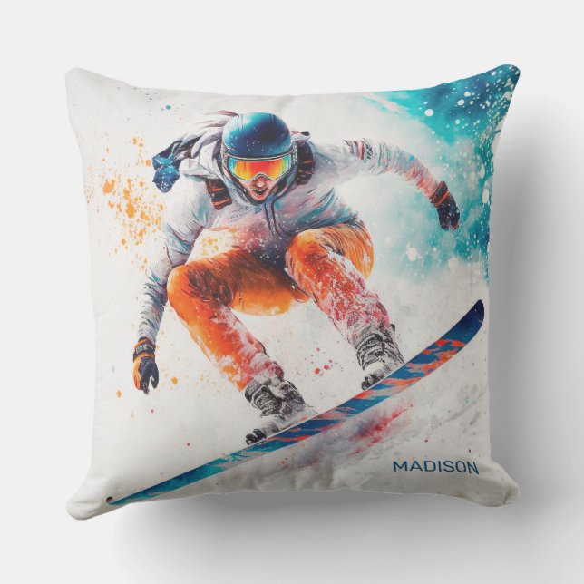 Coussin Illustration de snowboarder de nom personnalisé (Verso)