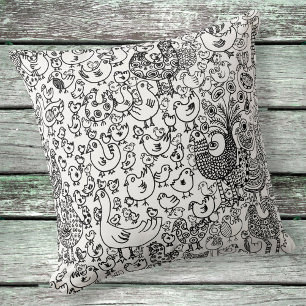 Coussin Illustration d'oiseaux en noir et blanc, art dessi