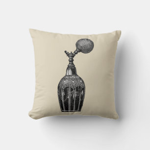 Coussin illustration en noir et blanc, flacon de parfum,