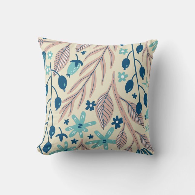 Coussin Illustration florale bleu pêche aqua beige (Recto)