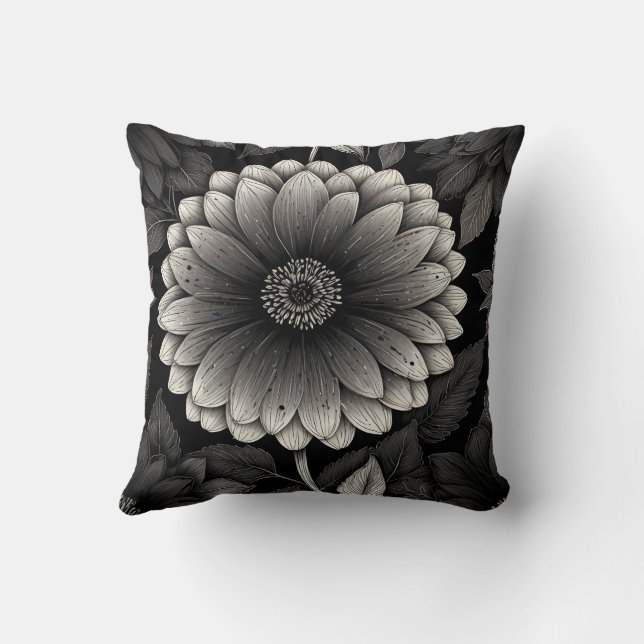 Coussin Illustration florale noire et blanche complexe (Verso)