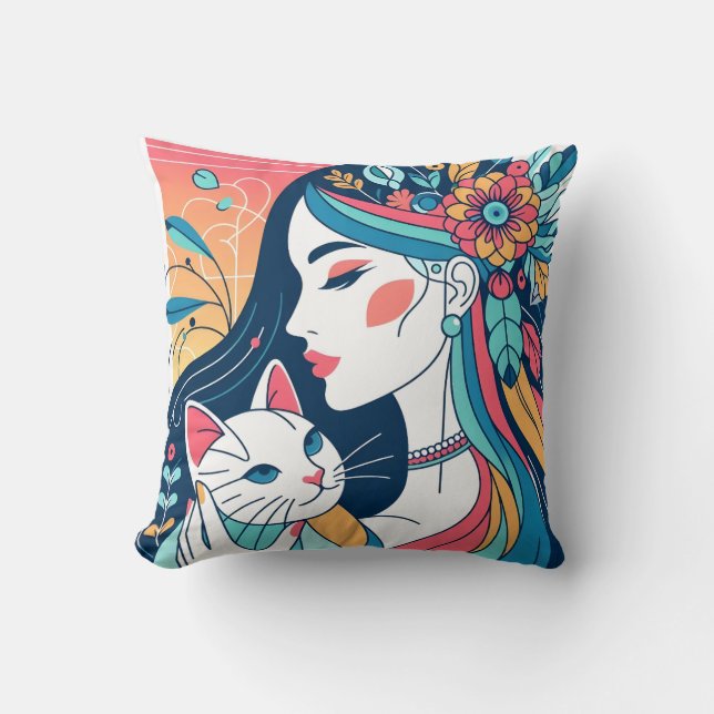 Coussin Illustration graphique de Cat Lady (Recto)