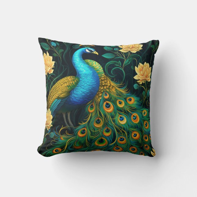 Coussin Illustration Peacock couleur bleu (Recto)