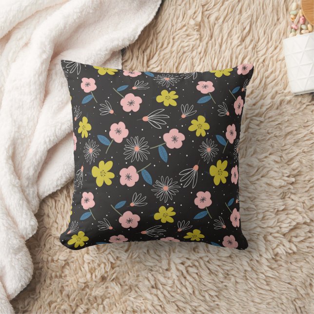 Coussin Illustration simple en noir et rose Modèle floral (Couverture)