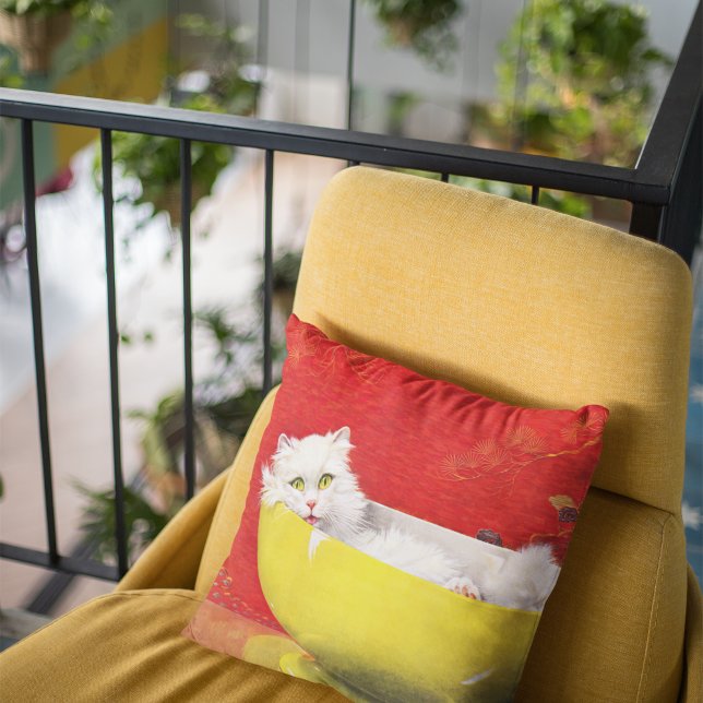 Coussin Illustration vintage Chat Dans Un Bol Jaune (Créateur téléchargé)
