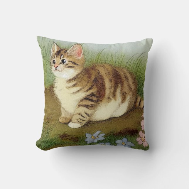 Coussin Illustration vintage Kitten avec fleurs (Recto)
