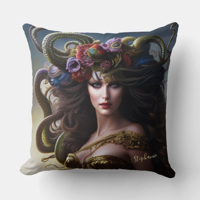 Coussin Imaginaire Belle Medusa Fleurs & Serpents (Recto)