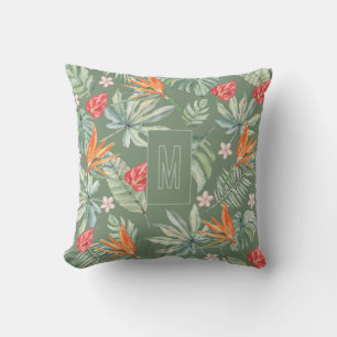 Coussin Imaginaire de feuillage de fleurs tropiques avec M