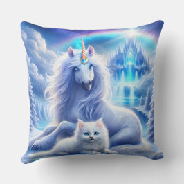 Coussin Imaginaire d'hiver avec belle licorne et Kitten