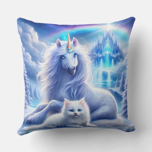 Coussin Imaginaire d'hiver avec belle licorne et Kitten (Verso)
