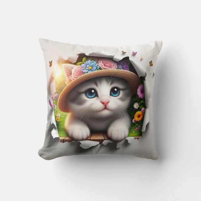 Coussin Imaginaire floral Feline : un portrait de chat lun (Recto)