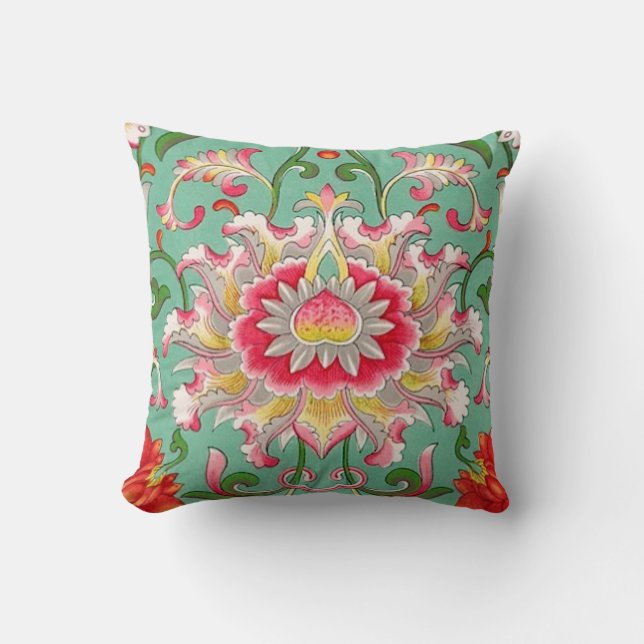Coussin Imaginaire Floral Oriental Chinoiserie sur Vert (Recto)