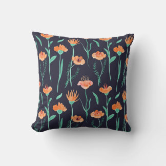 Coussin Imaginaire Orange Fleurs : Aquarelle Motif foncé.