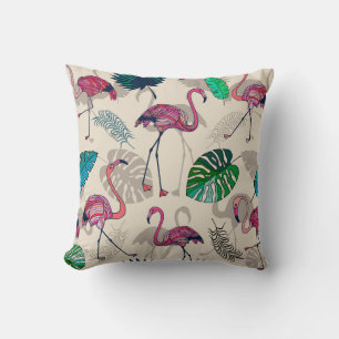 Coussin Imaginaire tropical : Motif feuille Flamant rose