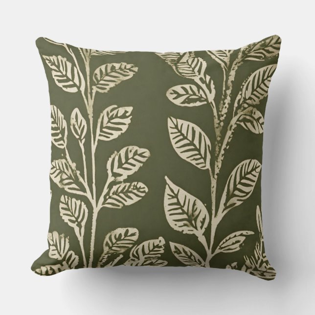 Coussin Impression botanique simple vert olive et ivoire (Recto)