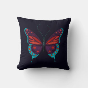 Coussin Impression de broderie papillon rouge bleu violet 