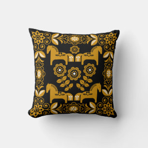 Coussin Impression de cheval suédois Dala moutarde