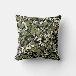 Coussin Impression de motif de camouflage vert noir crème
