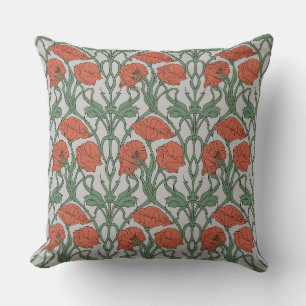Coussin Impression florale Art Nouveau au coquelicot rouge