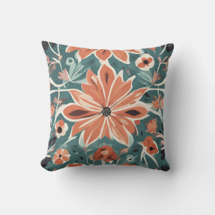 Coussin Impression florale moderne en orange, blanc, noir,
