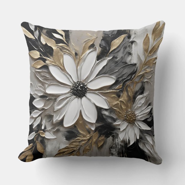 Coussin Impression florale noir blanc or (Recto)