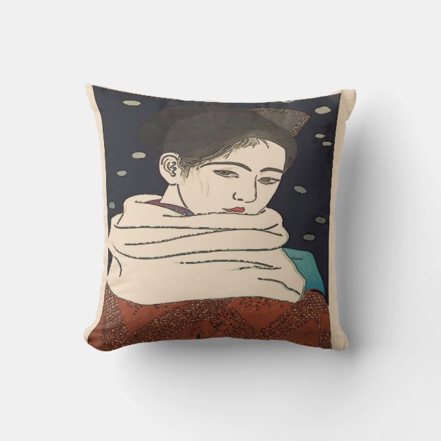 Coussin Impression japonaise, dame avec ventilateur (Recto)