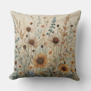 Coussin Imprimé Fleur de Champ Beige Bleu Marron Neutre