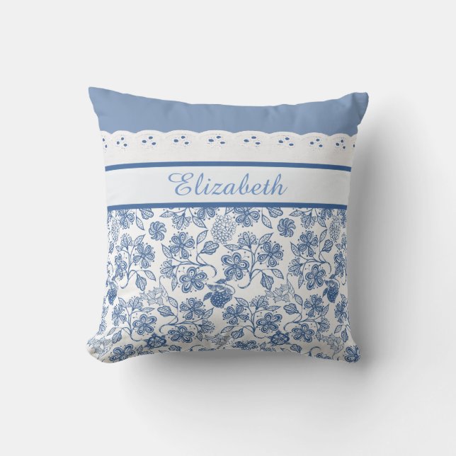 Coussin Indigo bleu et blanc Floral Faux Lace (Recto)