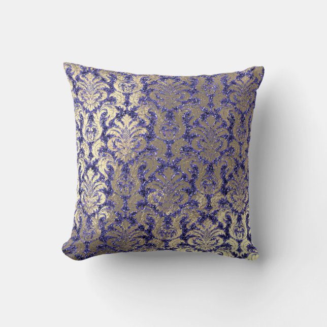 Coussin Indigo Blue Cobalt Damask Sepia Velvet Sequet Gold (Recto)