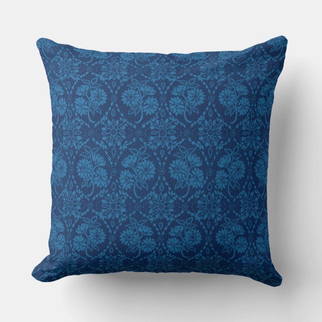 Coussin Indigo Blue Floral Faux Lace Motif (Recto)