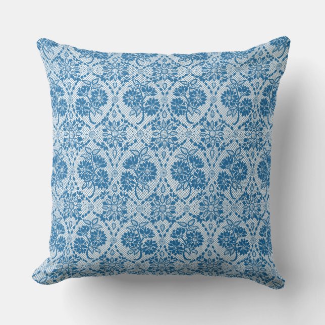Coussin Indigo Blue Floral Faux Lace Motif (Recto)
