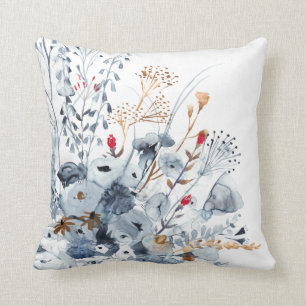Coussin Indigo et ocre - fleurs d'aquarelle