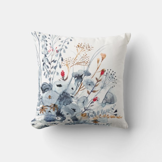 Coussin Indigo & Ochre - Fleurs aquarelles (Recto)