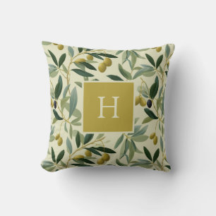 Coussin Initiale de monogramme de branche d'olivier botani