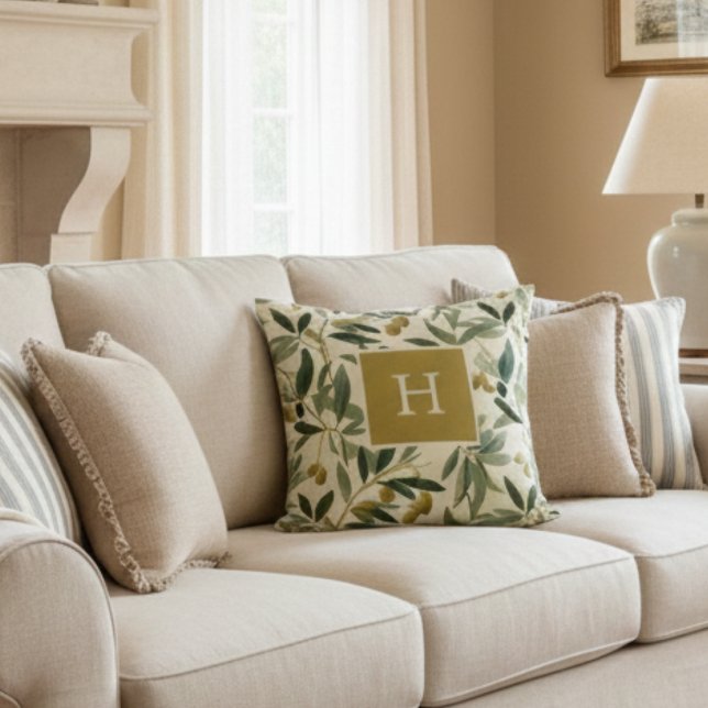 Coussin Initiale de monogramme de branche d'olivier botani (Créateur téléchargé)