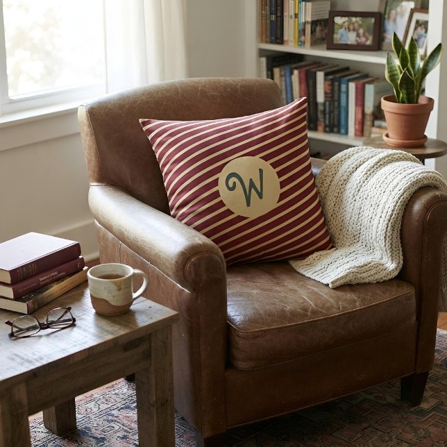 Coussin Initiale de monogramme rayures rouges et crème Pré (Créateur téléchargé)