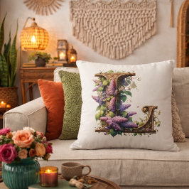 Coussin Initiale "L" - Élégante conception florale Lilac