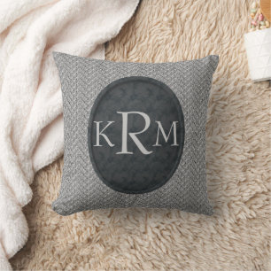 Coussin Initiales Monogramme Élégant Fleur Noir