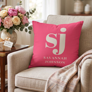 Coussin Initiales monogramme rose vif élégant 