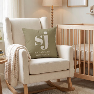 Coussin Initiales monogramme vert olive et crème 