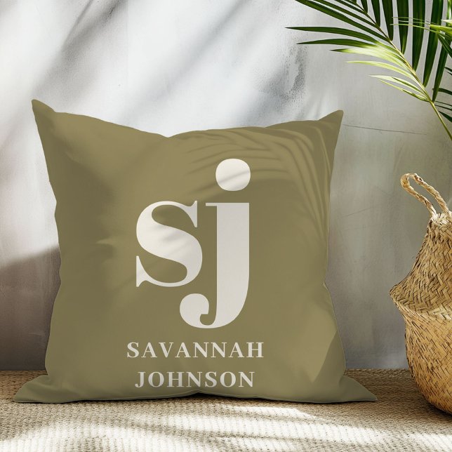 Coussin Initiales monogramme vert olive et crème  (Créateur téléchargé)