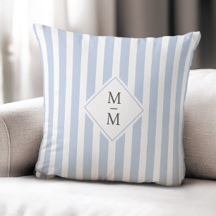 Coussin Initiales monogrammes bleu clair pâle rayures blan